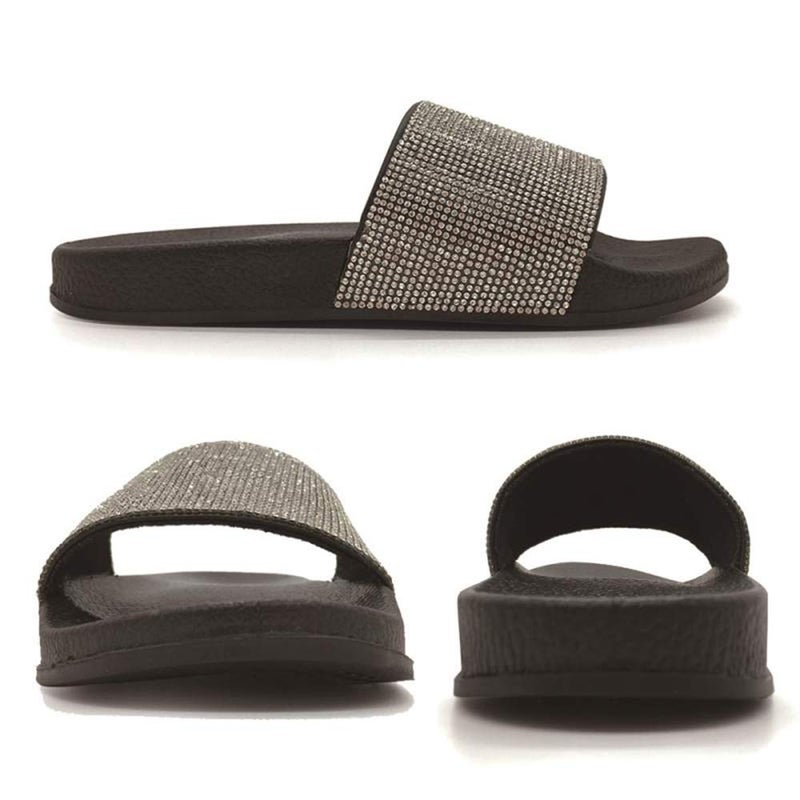 FUNKYMONKEY Women's Slides Rhinestone Glitter Slip On Footbed Platform Sandals (8 M US, Black) - Image 3